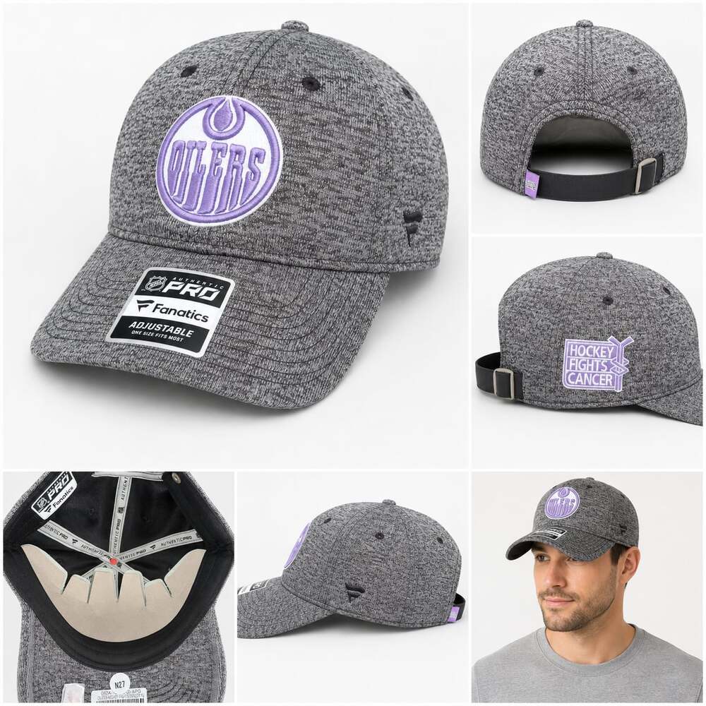 Fanatics Edmonton Oilers Hockey Fights Cancer Authentic Pro Gray Adjustable Hat